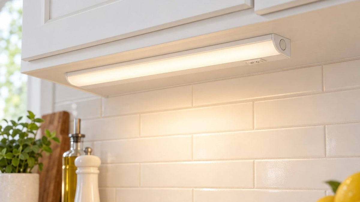 INLIGHT IN-0201 hardwired LED under cabinet light glowing warm white over a quartz countertop
