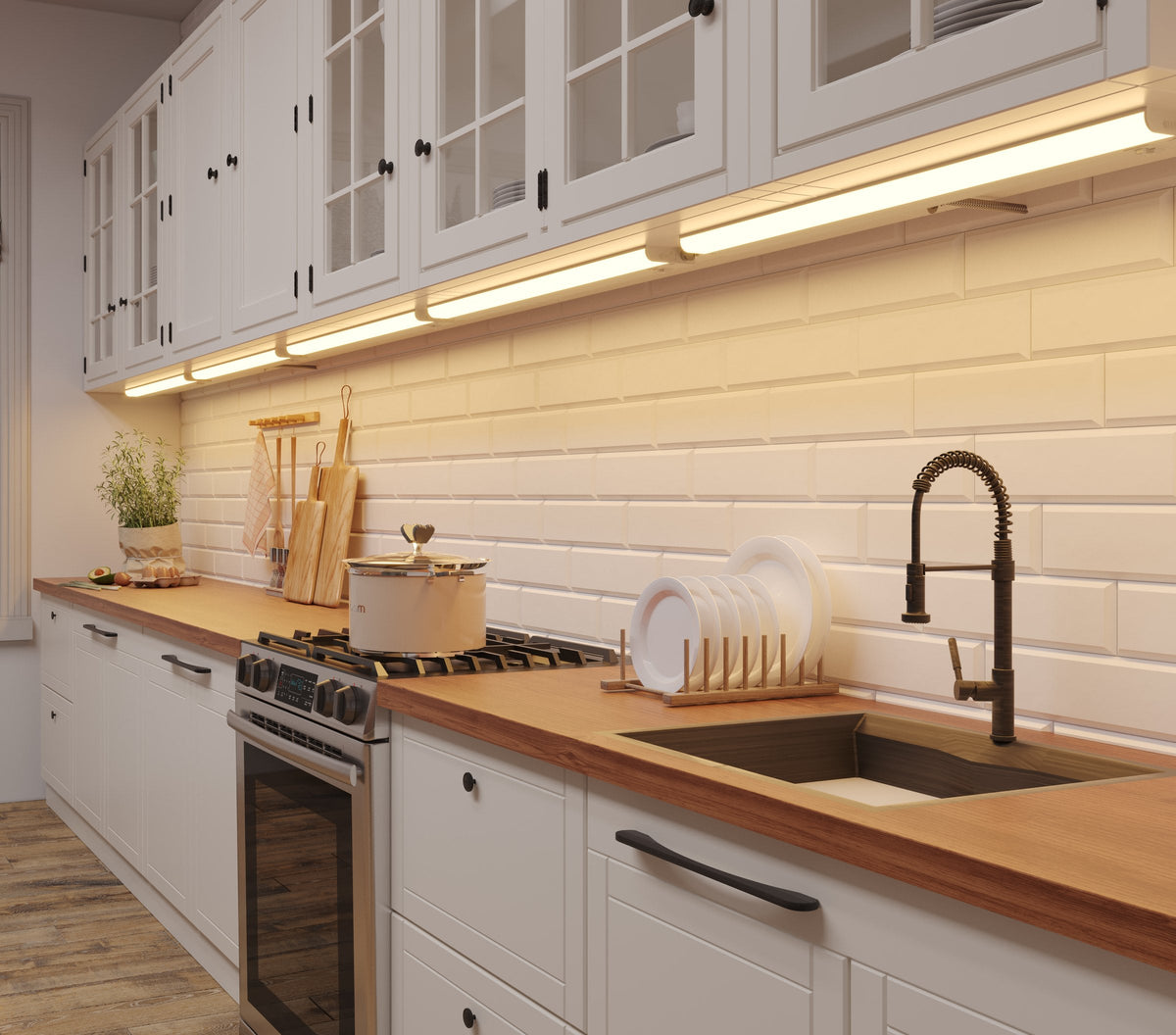 Several INLIGHT hardwired under cabinet lights linked end to end along a kitchen counter