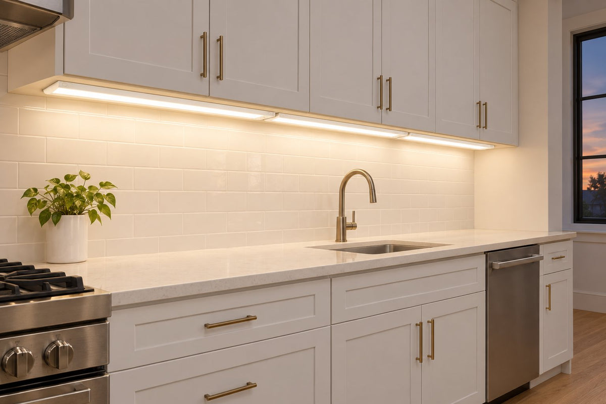 Three INLIGHT under cabinet lights linked end to end, lighting a long kitchen counter