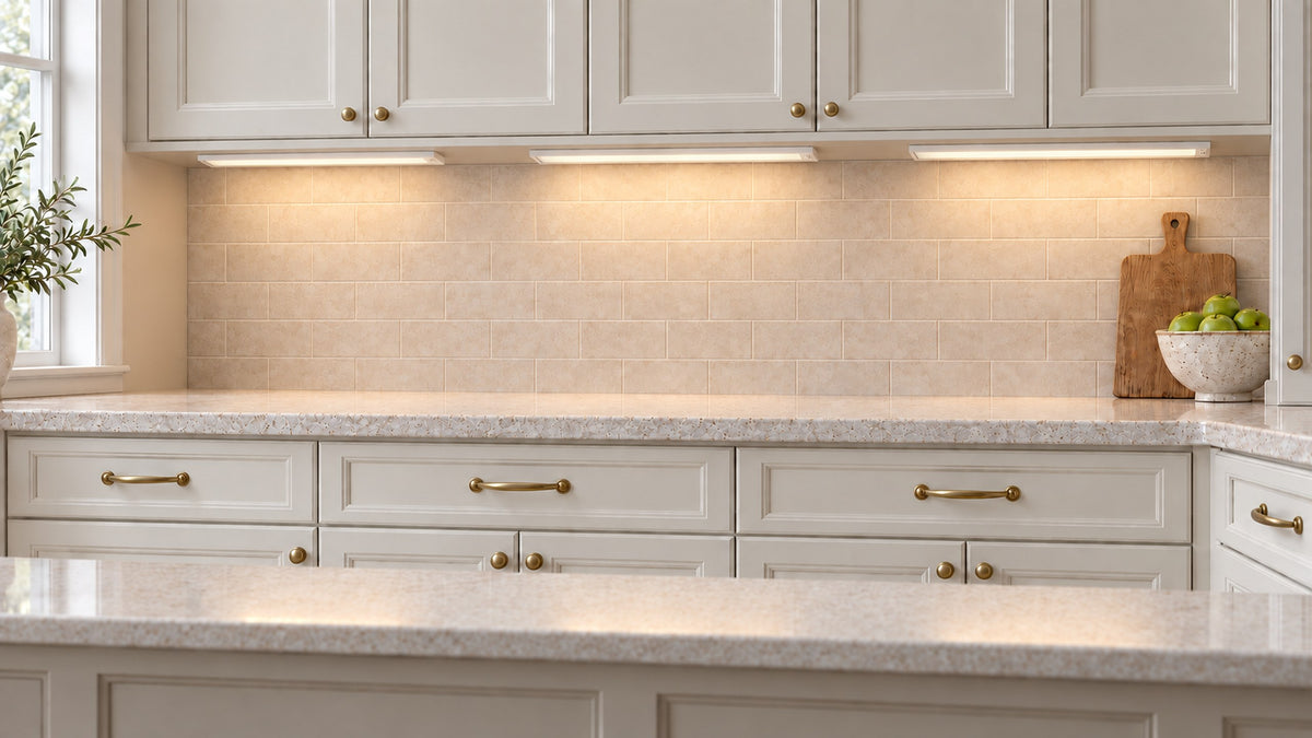Illustration: same kitchen counter with under-cabinet lights switched on