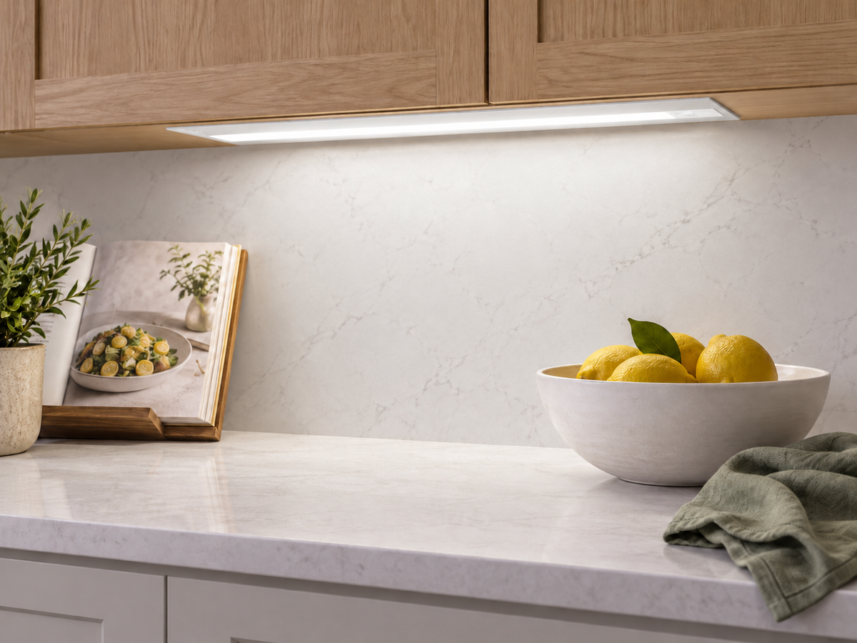 The same kitchen scene illustrated in 4000K Hansley lighting