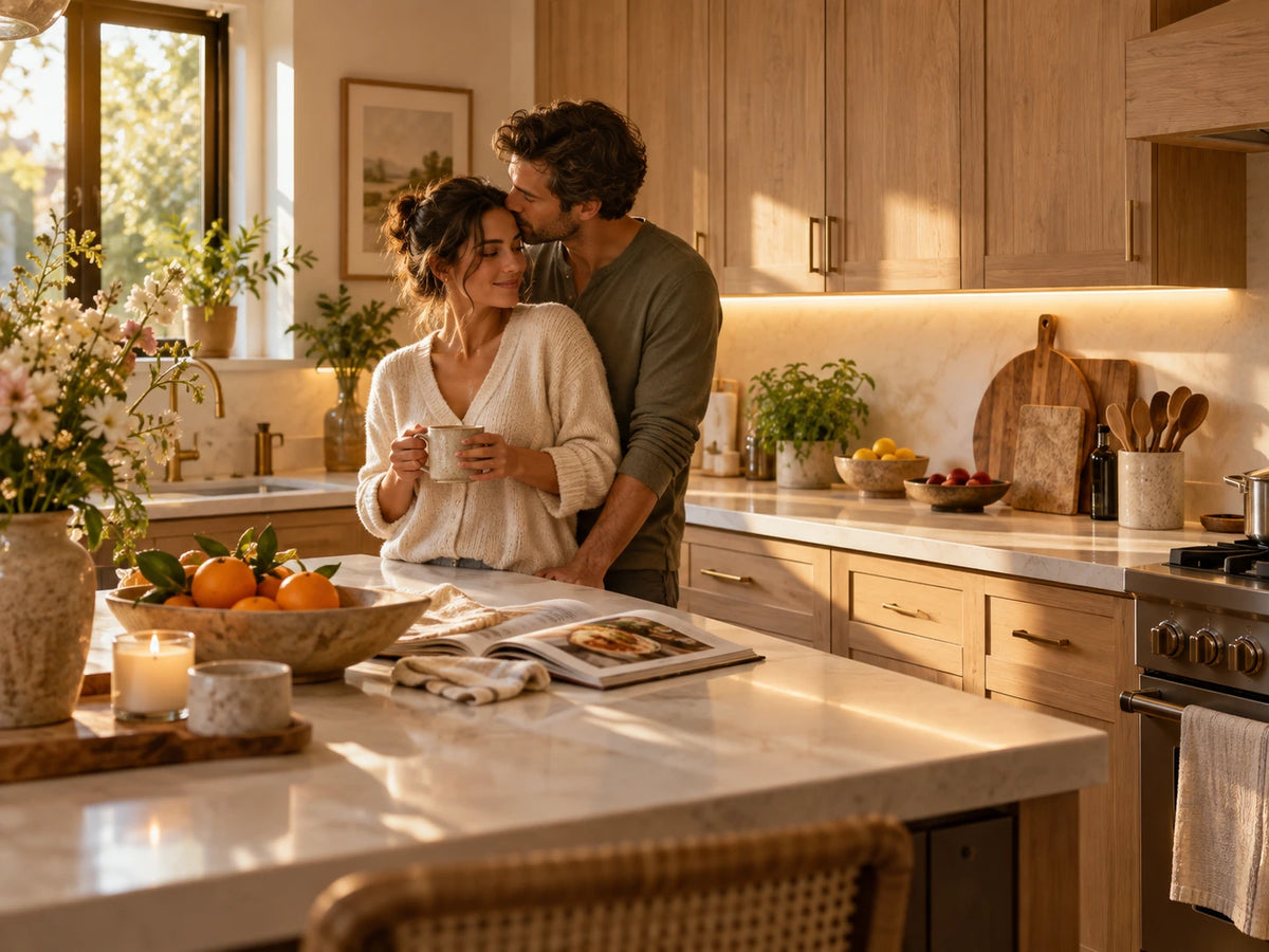 Illustrative lifestyle scene of a couple sharing a quiet morning in a sunlit kitchen with under-cabinet lighting.