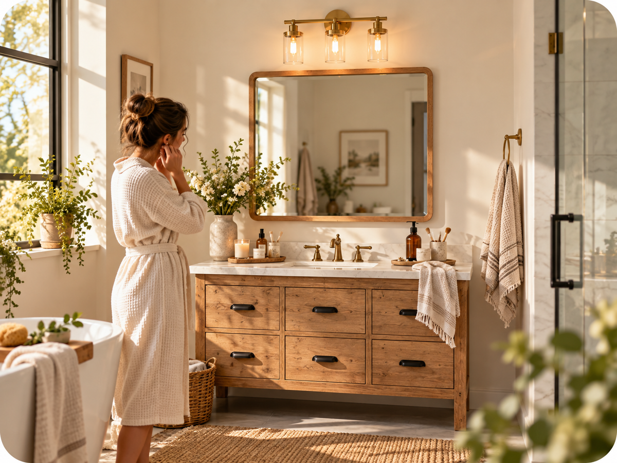 Lifestyle illustration of a woman getting ready beside a softly lit bathroom mirror; not a product installation photograph.