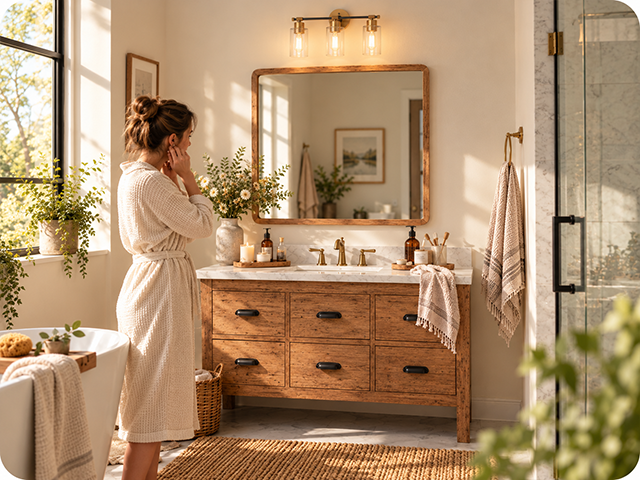 A woman beside a wood bathroom vanity with a three light brass fixture above the mirror