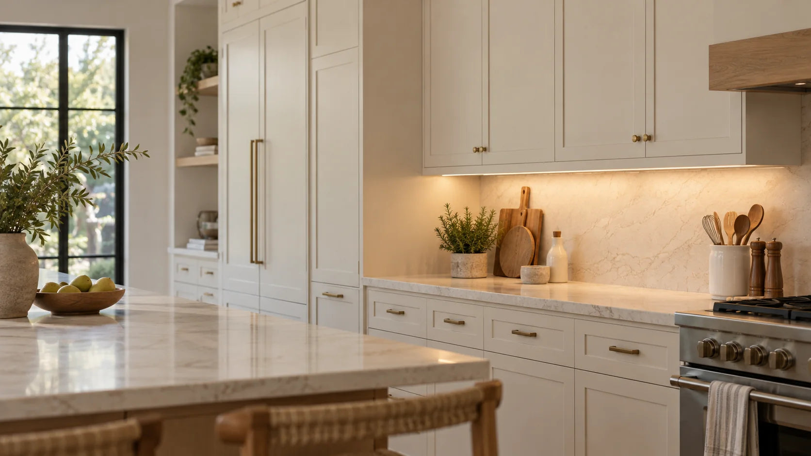 Illustrative modern kitchen scene with subtle under-cabinet lighting; not a verified installation.