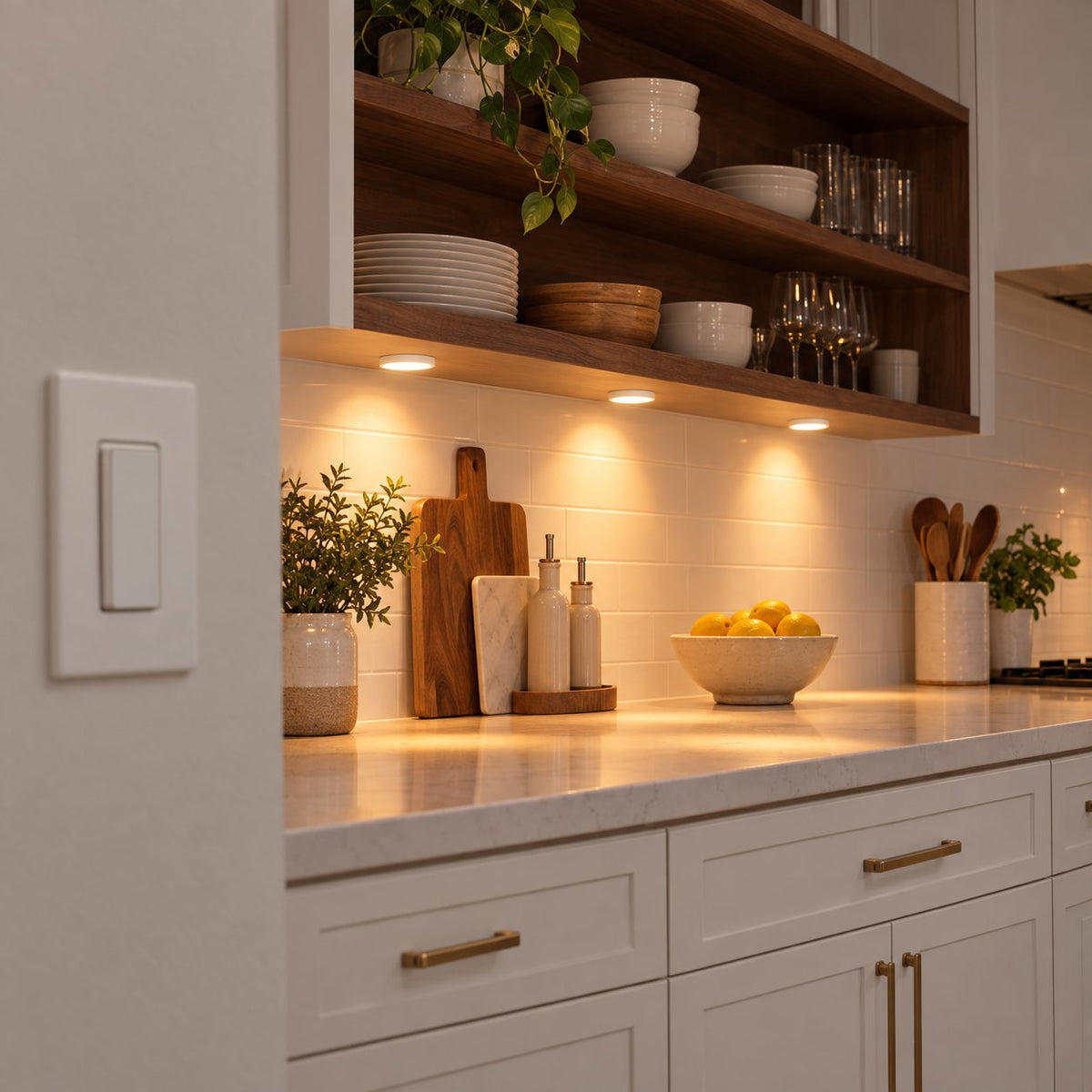 Warm dimmed LED puck lights under walnut shelves with a wall dimmer switch in the foreground