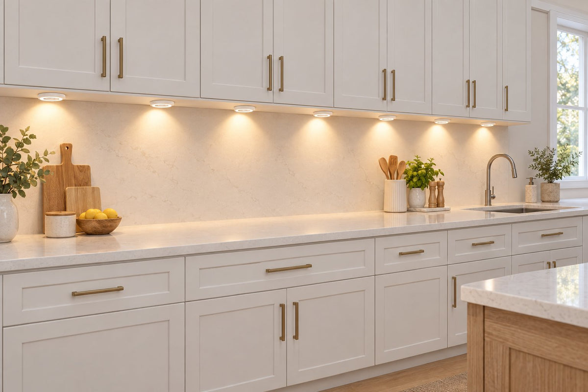 Seven evenly spaced puck lights under white kitchen cabinets