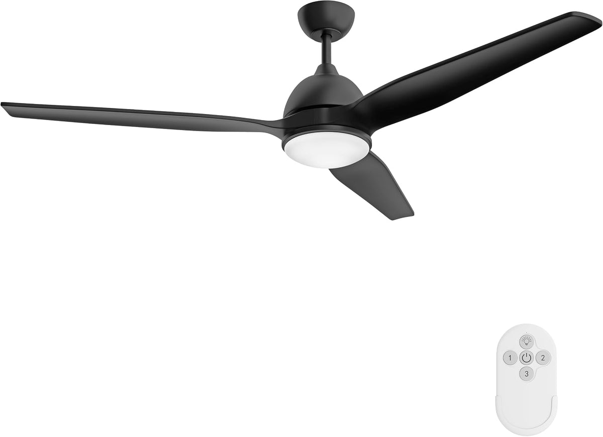Black three-blade ceiling fan with a central light and a separate remote control