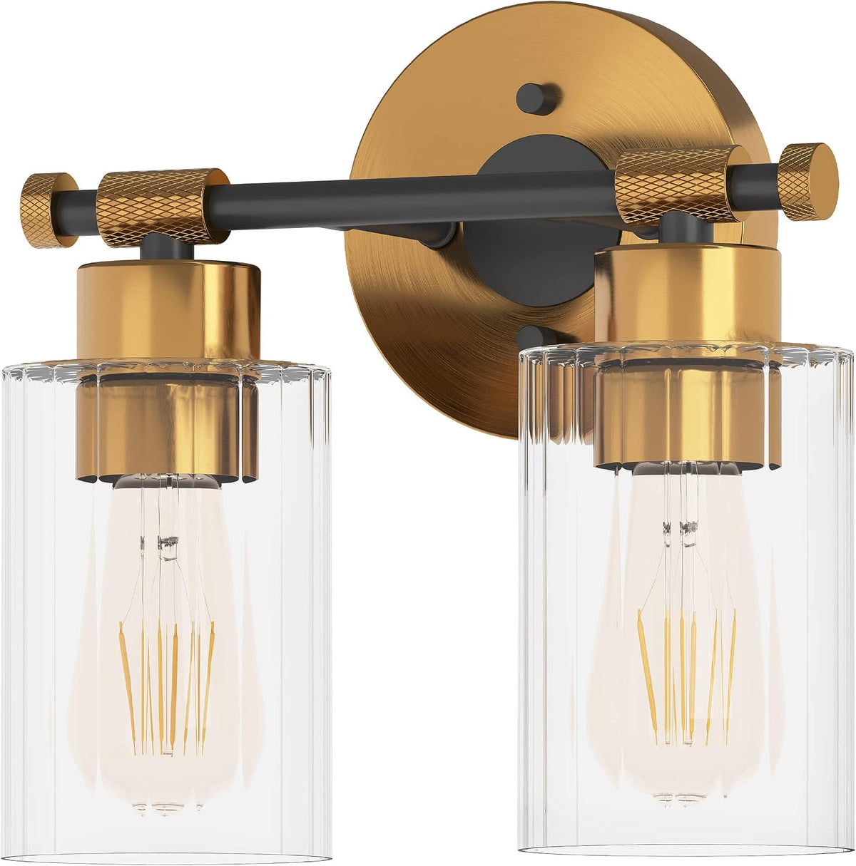 Two-light wall fixture with gold-tone and black details and clear cylindrical shades