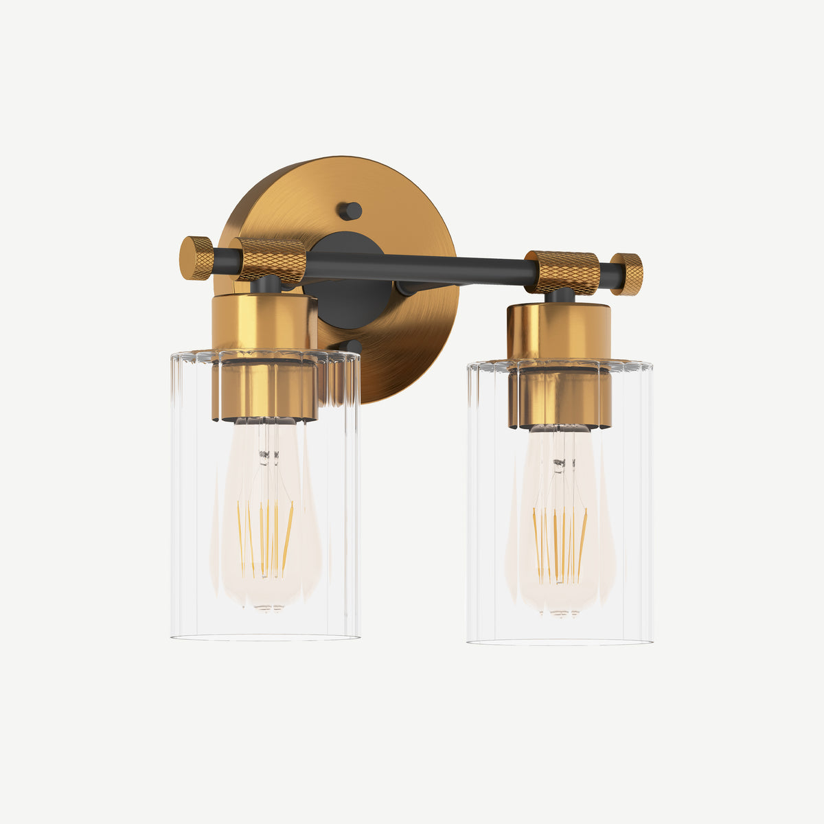 Two-light gold and black wall sconce with clear ribbed glass shades