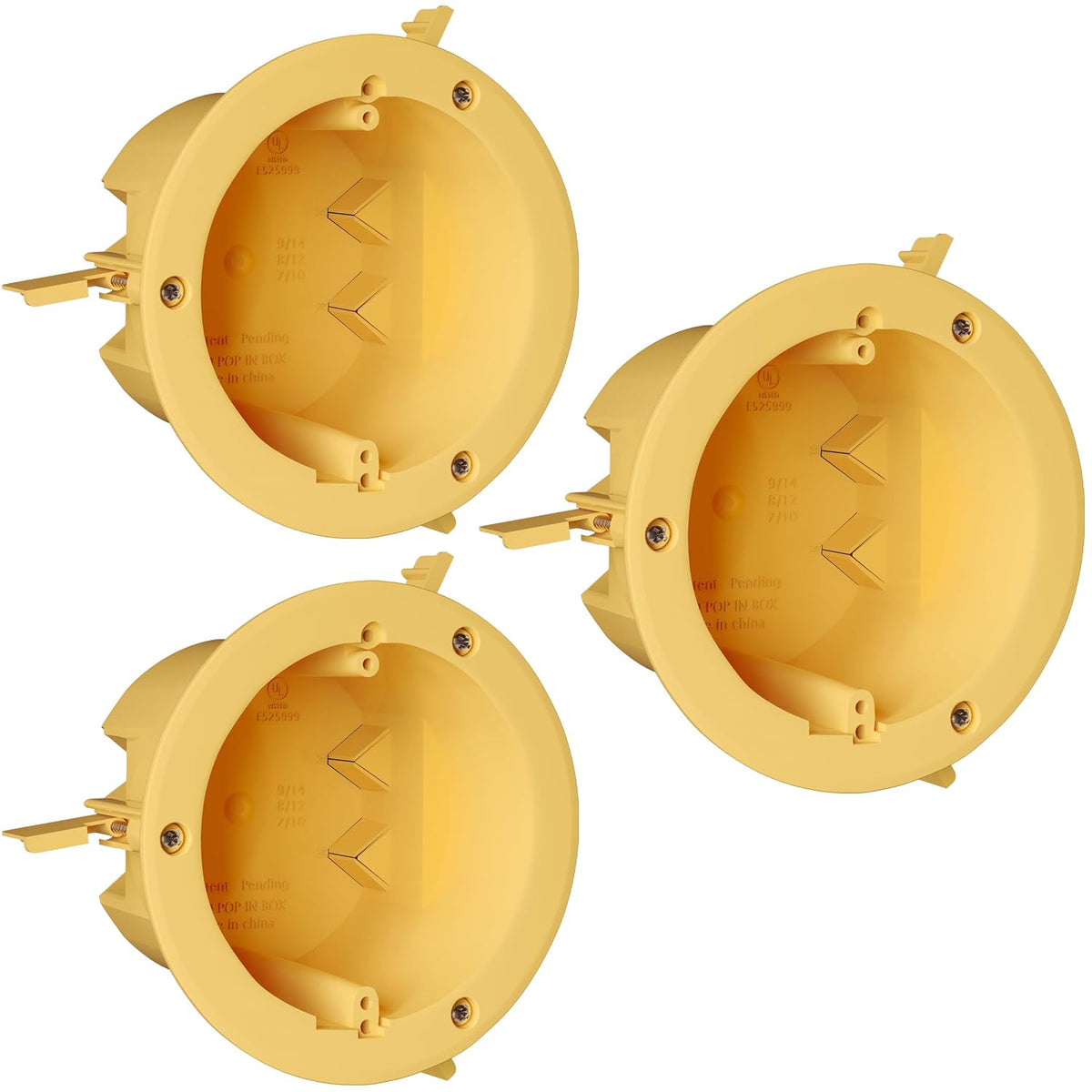 Three yellow round junction boxes with mounting tabs