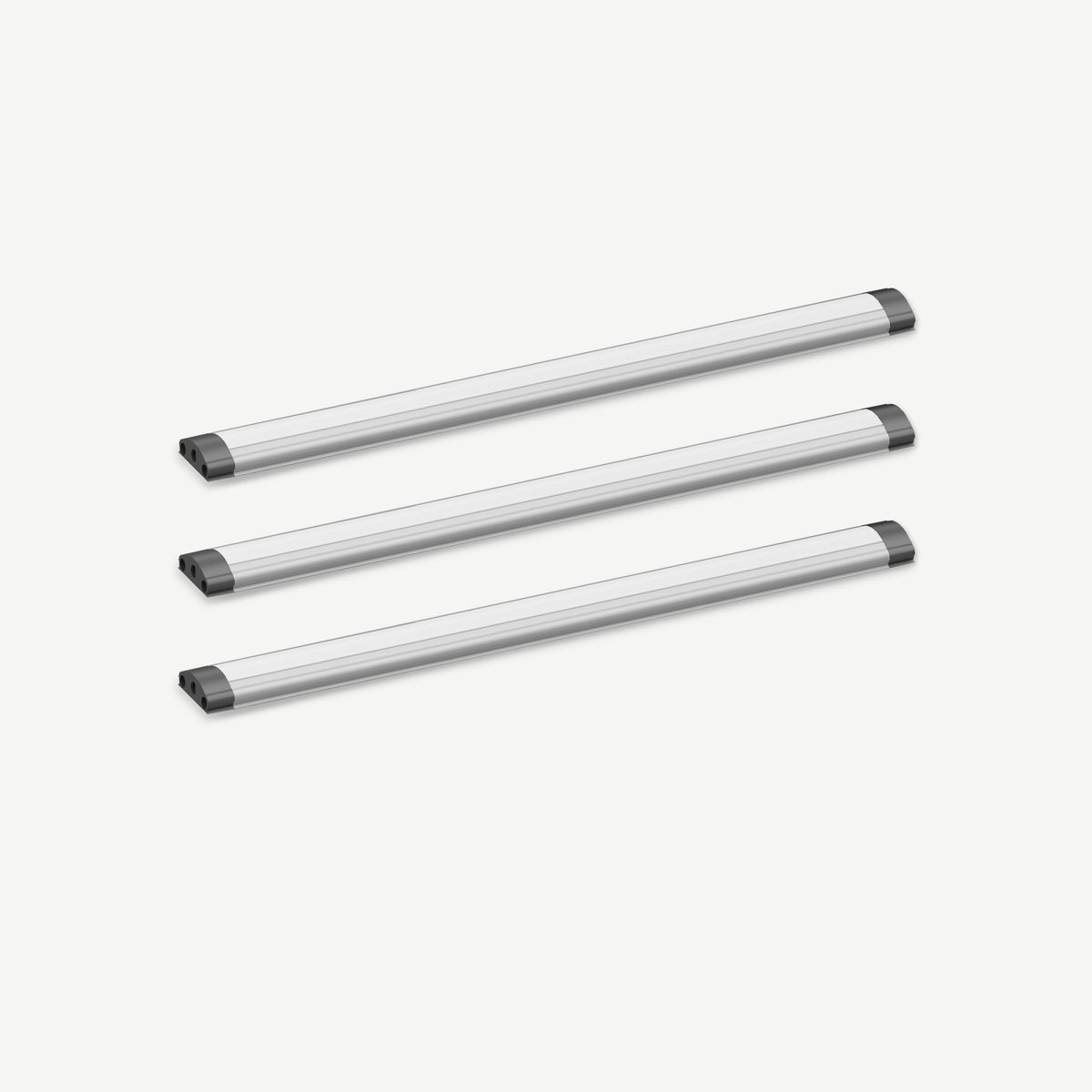 Three slim aluminum LED light bars; kit includes power adapter, dimmer controller, and linking cables