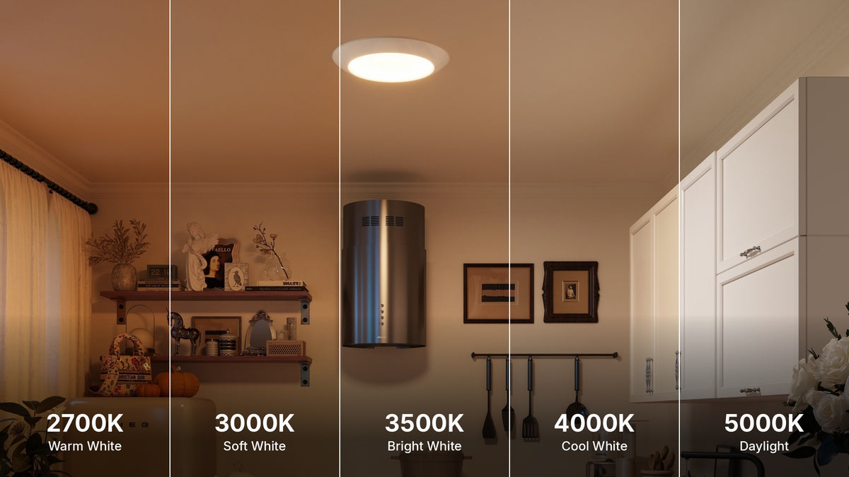 Same kitchen rendered at 2700K, 3000K, 3500K, 4000K and 5000K (illustration)