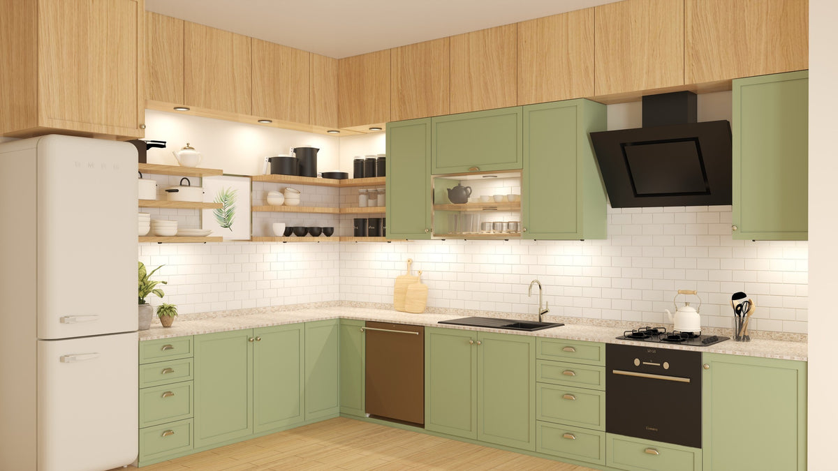 Bright green kitchen with INLIGHT under cabinet lights