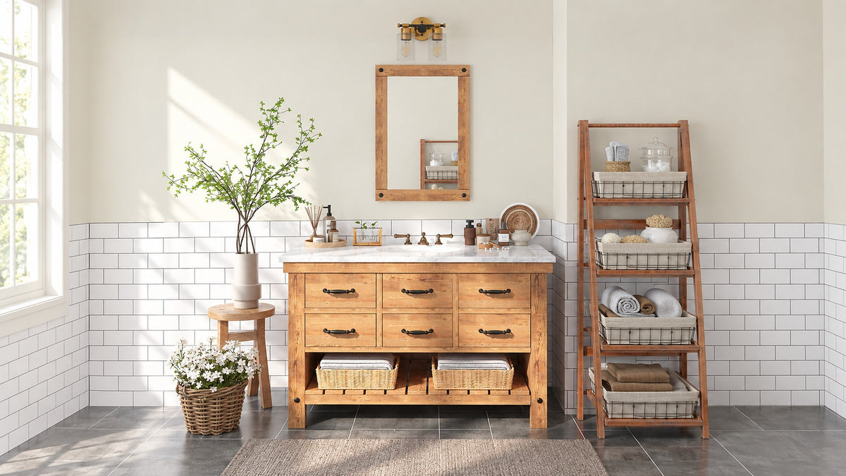 Bright bathroom with INLIGHT brass vanity light above the mirror
