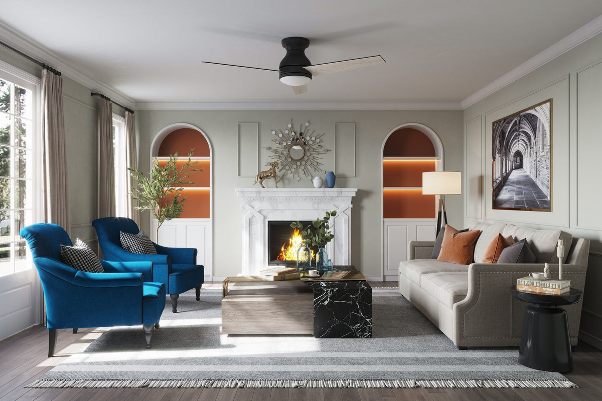 Living room with an INLIGHT 52-inch hugger ceiling fan with LED light
