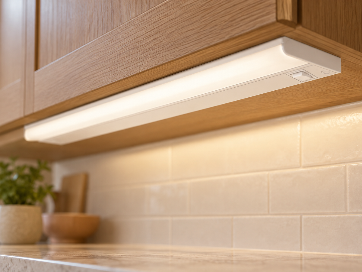 A thin white Hansley fixture installed beneath an oak wall cabinet
