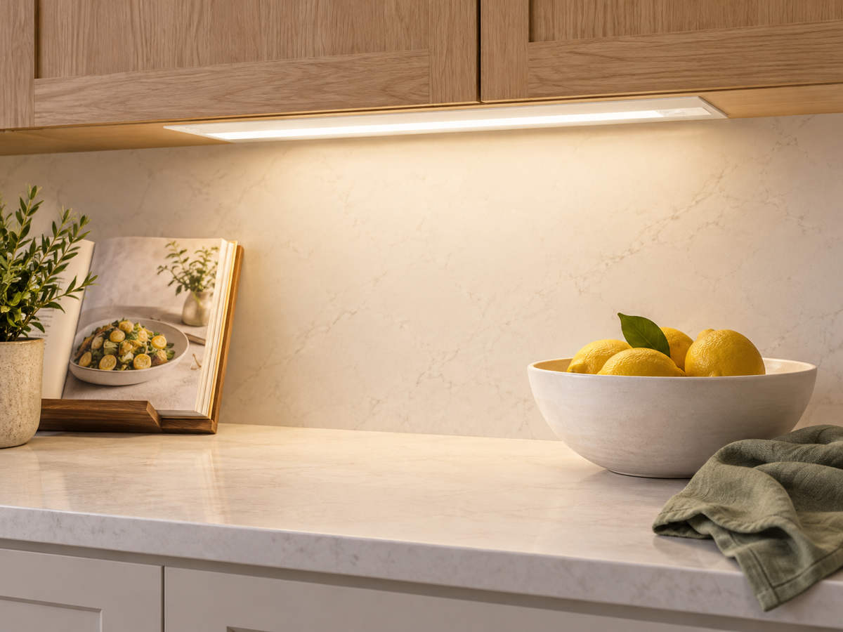 The same kitchen scene illustrated in 3000K Hansley lighting