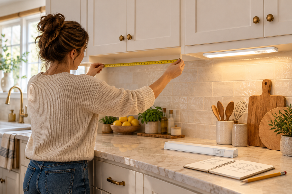 Planning cabinet lengths and lighting placement in a home kitchen — lifestyle illustration