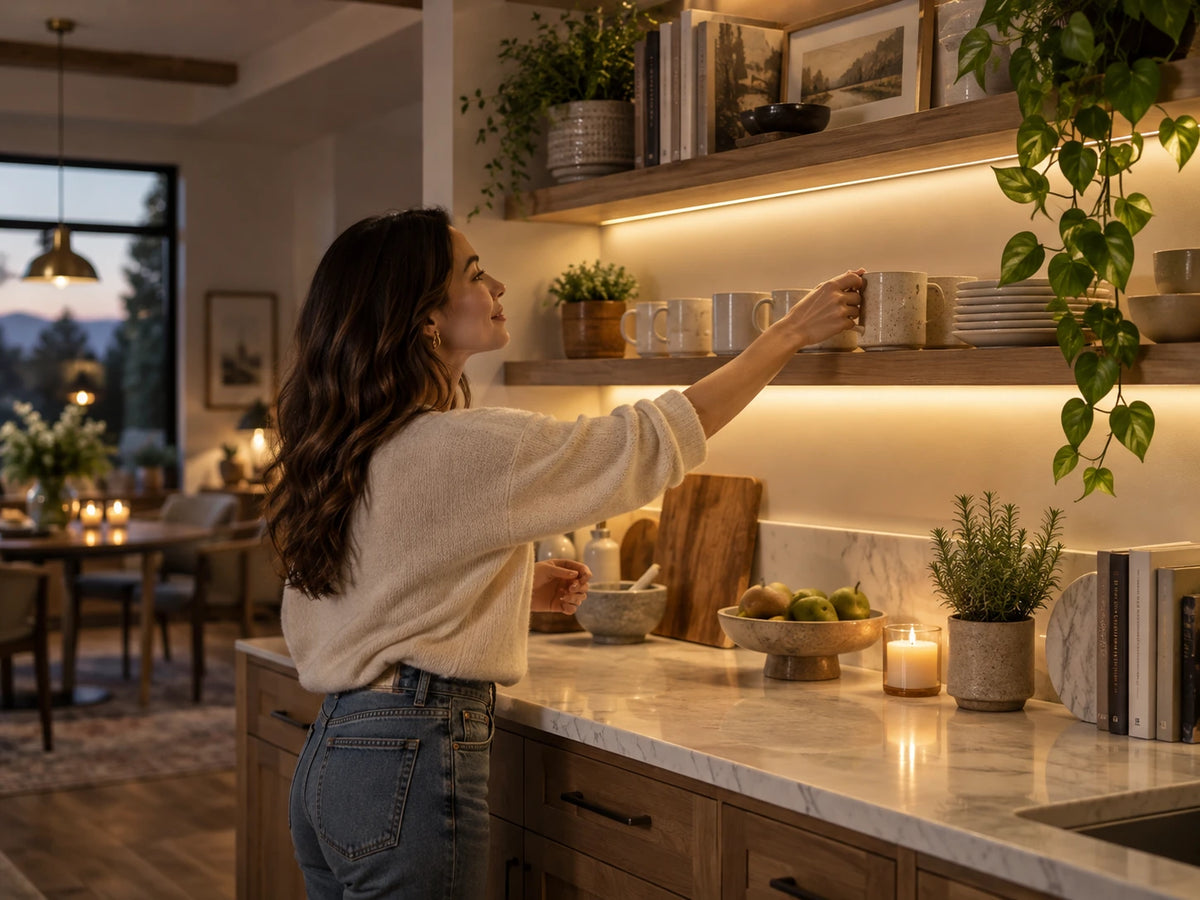 Illustrative lifestyle scene of a woman reaching for a favorite mug on softly lit wooden kitchen shelves.