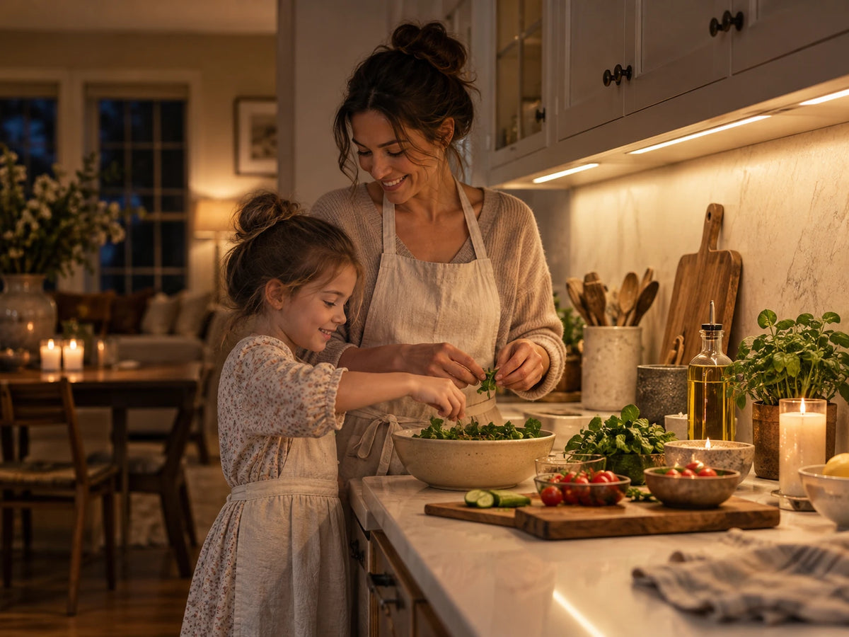 Illustrative lifestyle scene of a mother and daughter preparing a meal together in a warmly lit kitchen.