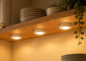 Three puck lights illuminating a kitchen shelf
