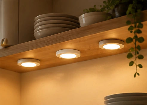 Illustrative puck lighting beneath a wooden shelf from the approved category design; not a photograph of a specific product installation.