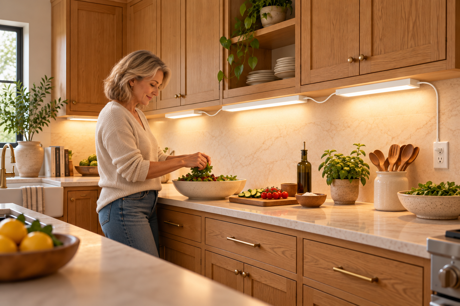 Link different Hendrix lengths with connecting cords to suit your cabinets. The plug-in power cord enters at the right end of the illustrated run.
