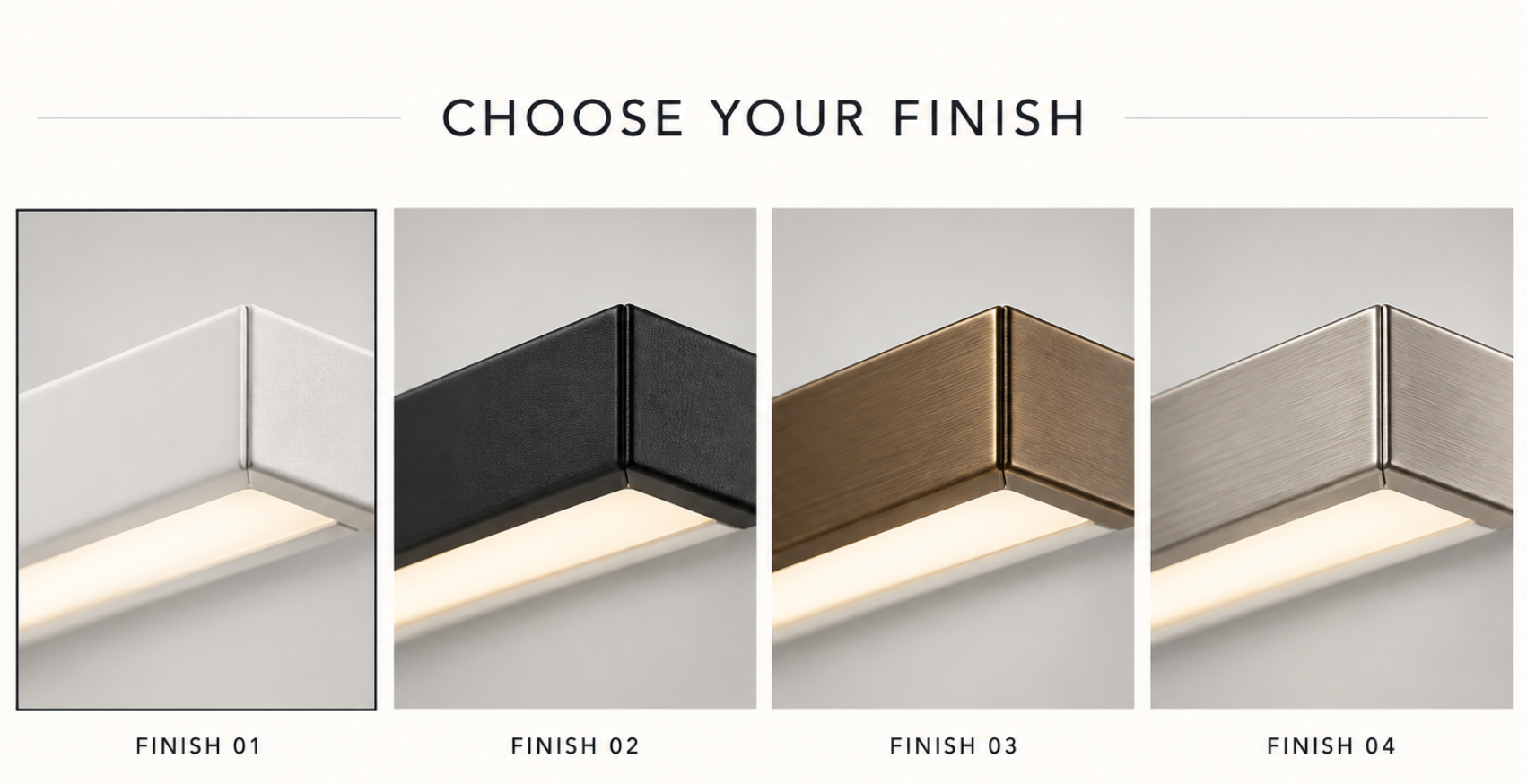 Four finish close-ups, from left to right: White, Black, Bronze and Brushed Nickel.