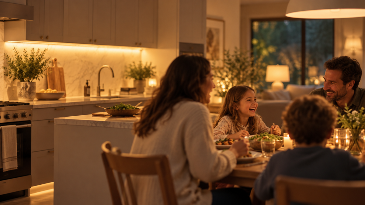 Lifestyle illustration of a family enjoying an evening meal beside a warmly illuminated kitchen; not a measured color-temperature demonstration.