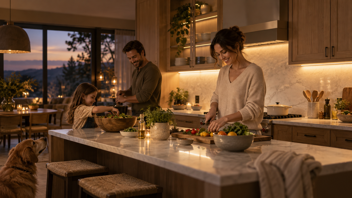 Lifestyle illustration of a family preparing dinner together, with under-cabinet light illuminating the kitchen counter; not a measured lighting demonstration.