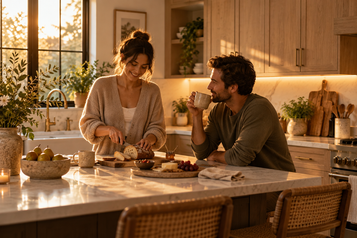 Lifestyle illustration of a couple sharing breakfast and coffee beside warm under-cabinet lighting.