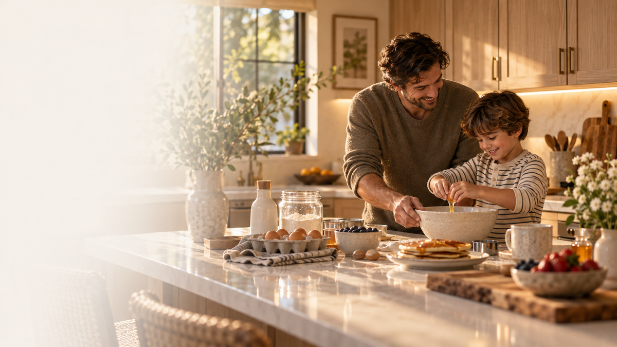 Lifestyle illustration of a father and son making breakfast together in a warmly lit kitchen.